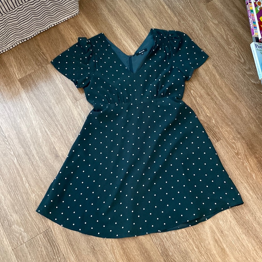 Madewell green polka dot mini dress.